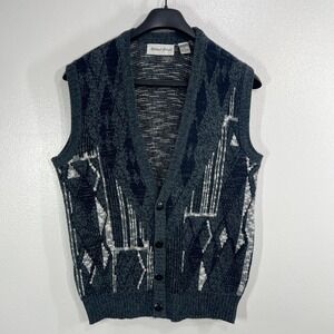 Vintage Michael Gerald Men's Sweater Vest Large Geometric Abstract Knit 90s Grey